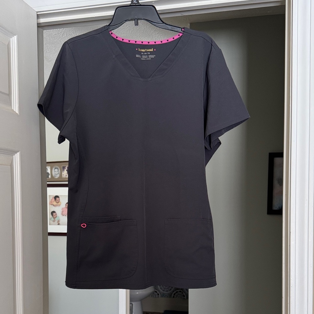 HeartSoul Gray Scrub Top with Pink Heart Trim